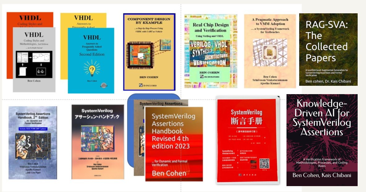 Covers of Ben Cohen's books: VHDL Coding Styles and Methodologies, VHDL Answers to Frequently Asked Questions, Component Design by Example, Real Chip Design and Verification, A Pragmatic Approach to VMM Adoption, RAG-SVA: The Collected Papers, SystemVerilog Assertions Handbook in English, Japanese and Chinese editions, and Knowledge-Driven AI for SystemVerilog Assertions